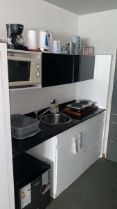 een kleine keuken met een spoelbak en een magnetron bij El rejunte , CABA in Buenos Aires