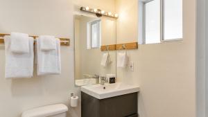 ein Badezimmer mit Waschbecken, Toilette und Spiegel in der Unterkunft Chickaree by AvantStay A-Frame w Mountain Views in Tahoe City