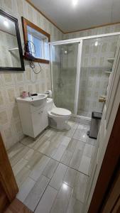 Un baño con inodoro, lavabo y ducha. en Cabaña la percha II, en Coyhaique