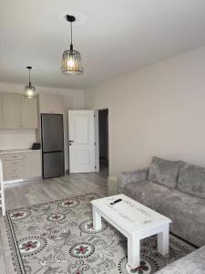 Modern 2-Bed Near Tirana and Airport with Balconies في Kamëz: غرفة معيشة مع أريكة وطاولة قهوة
