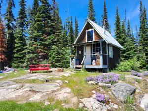 una piccola casa con una panchina rossa in un campo di Oyama Lake Lodge a Lake Country