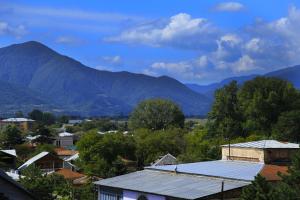 a view of a town with mountains in the background at Iveria Hotel in Khashuri