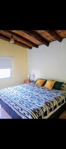 Un dormitorio con una cama con un edredón azul. en Casa de Campo Finca la Angelita 2, en Tunuyán