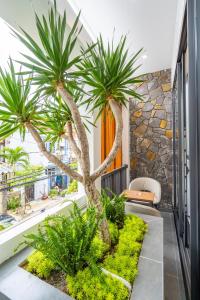 a palm tree on the balcony of a house at Dâu Tây Villa in Da Nang