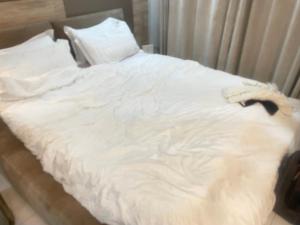 een wit bed met een zwarte kat erop bij Car hire Africa in Kampala