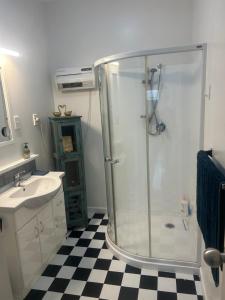 um banheiro com chuveiro e pia em Clara Rose Apartment em Waiouru