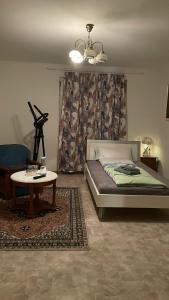1 dormitorio con cama, mesa y cortina en FreiNestWaldviertel, en Hoheneich