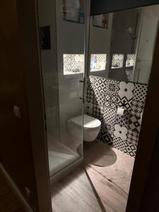 a bathroom with a toilet and a glass shower at Loft in Toplage in Paderborn +8 photos