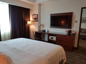 Cette chambre comprend un lit et une télévision à écran plat. dans l'établissement Holiday Inn & Suites Plaza Mayor, an IHG Hotel, à León