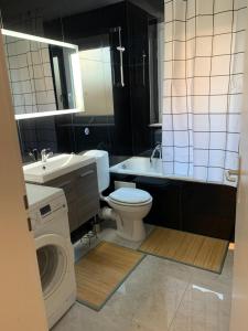ein Badezimmer mit Toilette, Waschbecken und Waschmaschine in der Unterkunft Villa Porta Westfalica in Porta Westfalica