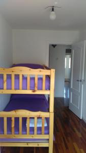 Un dormitorio con una litera con sábanas moradas en Apartamento Los Colonia, en Burgos