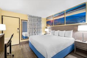 a hotel room with a large bed and two windows at Days Inn by Wyndham Cleveland TN in Cleveland