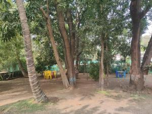 um grupo de árvores com mesas amarelas e azuis em Madhuban Cottage Varsoli- Alibag em Alibag