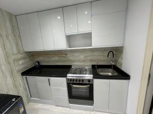 a kitchen with white cabinets and a stove and a sink at Studio pearl pyramids in Ghaţāţī