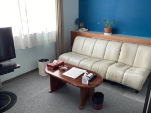 Una sala de estar con un sofá y una mesa de café. en Katsuura Seaside Hotel, en Nachikatsuura