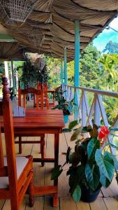 a porch with a wooden table and chairs and a plant at Zen Garden Palace in Ella