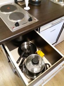 a stove with two pots and pans in a kitchen at Apartment na Stanislavskogo in Novosibirsk