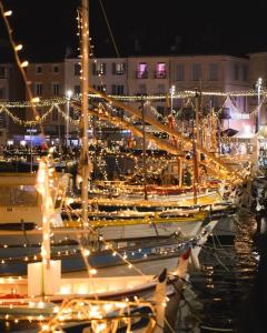 L'Olivier - Centre Ciotat à pied في لاسيوتا: مجموعة من القوارب رست في الميناء في الليل