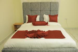 ein Schlafzimmer mit einem großen Bett mit roten Kissen in der Unterkunft Downtown Retreat Homes in Kisii