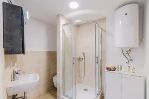 a bathroom with a shower and a sink at Holiday Home Pr'Lukčevih with 4 Bedrooms & Sauna in Kanal