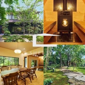 Un collage de fotografías de una casa con una estufa de leña. en SHELTER道志 ふらっと高尾山 都心から70分 最大10名 貸切サウナ 雨でもBBQok 焚火花火, en Sagamihara