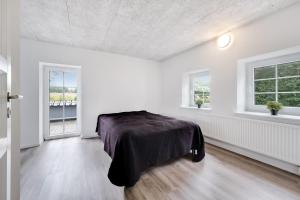 a white room with a bed and two windows at Villa Surrounded By Nature in Vissenbjerg