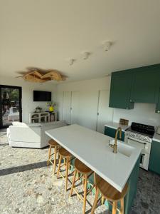 een keuken met groene kasten en een tafel met stoelen bij The Nest 81 in Heuvelland +20 foto's