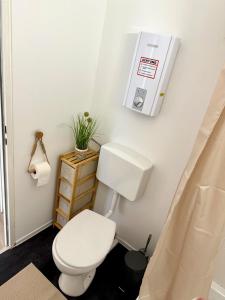 a bathroom with a white toilet and a toilet paper dispenser at Seebrise in Wendtorf +8 photos