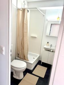 a bathroom with a toilet and a tub and a sink at Seebrise in Wendtorf