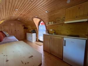 eine Küche mit Kühlschrank und Spüle in einem Zimmer in der Unterkunft Roulotte avec spa privé in Villé