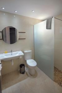 a bathroom with a toilet and a sink and a mirror at Nelia Gardens in Ayia Napa