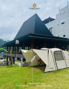 a tent in the grass in front of a building at Ndalem Prabu Sarangan in Sarangan