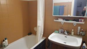 um banheiro com pia, banheira e espelho em Appartement partagé em Yverdon-les-Bains