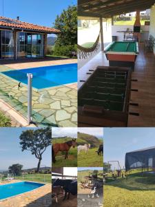 a collage of photos with animals and a pool at Rancho Fazenda Vista Alegre in Capitólio