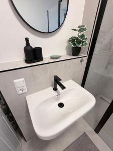 a bathroom with a white sink and a mirror at Maritime Suite an der Geeste in Bremerhaven