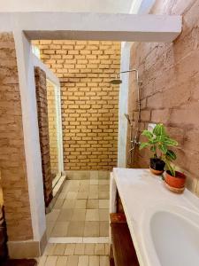 Un baño con bañera y una planta en la encimera. en Nature Transit villa, 