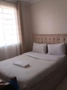 a large bed with a pillow on it with a window at Victorian Haven in Eldoret +2 photos