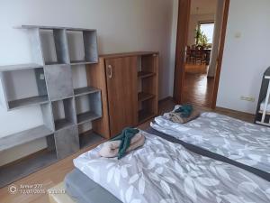 two beds sitting in a room with shelves at Apartament z Jacuzzi in Częstochowa