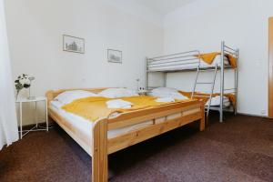 Un dormitorio con una litera con escalera. en Gemütliche Ferienwohnung im historischen Gästehaus, en Boppard