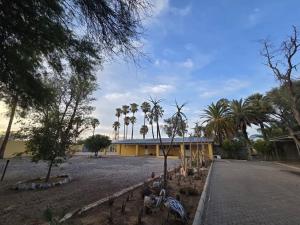 Un edificio amarillo con palmeras delante. en Vogelsang Guesthouse, en Omaruru