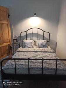 a bedroom with a bed with a metal frame and pillows at Apartament w Starej Szkole in Zagórze Śląskie +14 photos