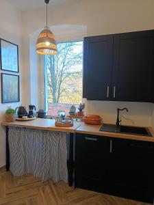 a kitchen with a counter with a sink and a window at Apartament w Starej Szkole in Zagórze Śląskie