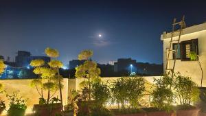 horizonte da cidade à noite com um prédio e árvores em Hare Krishna Homestay em Agra