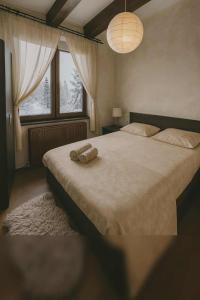 a bedroom with a large bed with two towels on it at Bellevue Beam House in Covasna