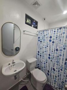 パングラオにあるBliss Suites by SMS Hospitalityの洗面台、トイレ、鏡のあるバスルーム