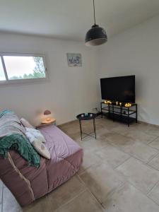 a bedroom with a bed and a flat screen tv at Au bout du chemin Chez Tina in Sarrians