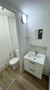 une salle de bains blanche avec toilettes et lavabo dans l'établissement Cosy 6 - Belfort centre, à Belfort