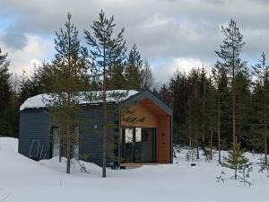 una pequeña cabaña en la nieve con árboles en Luokki 2, en Syöte