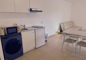 cocina con lavadora, fregadero y mesa en Le Cocon Centre ville - Cosy - Proche station service, en Ville-la-Grand