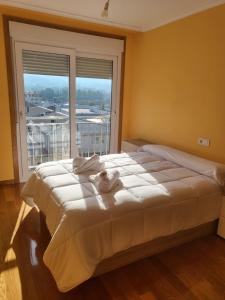 ein großes Bett in einem Zimmer mit einem großen Fenster in der Unterkunft Piso nuevo y acogedor! in O Porriño